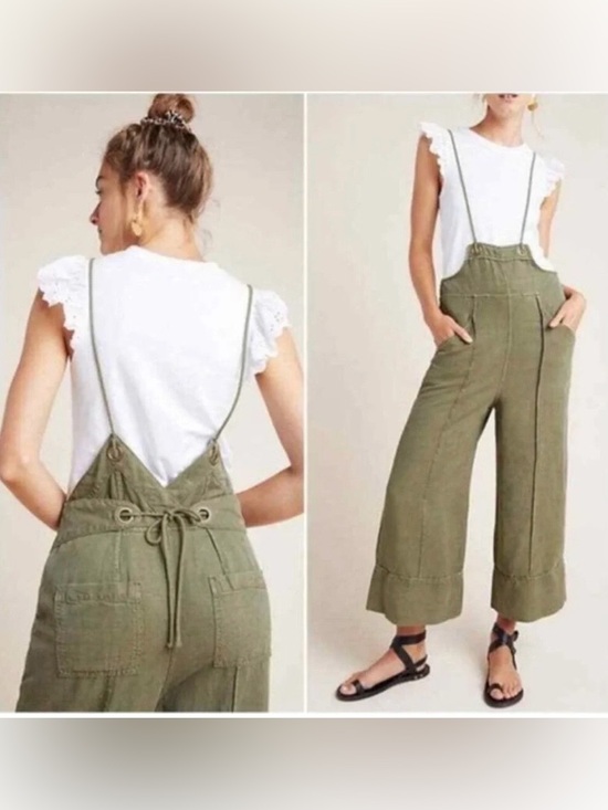 Anthropologie Pants - Anthropologie Asha Bib Utility Overalls Jumpsuit Army Green Sz M Linen Blend